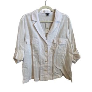 J. Crew White Linen Cotton Button Up Shirt Women Size 12 Roll Tab Sleeve Camp‎
